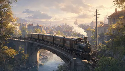 Cartoon Train Crossing A Bridge