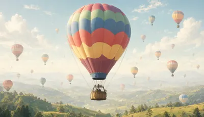 Cartoon Hot Air Balloon Over Hills ในจานสีอ่อน
