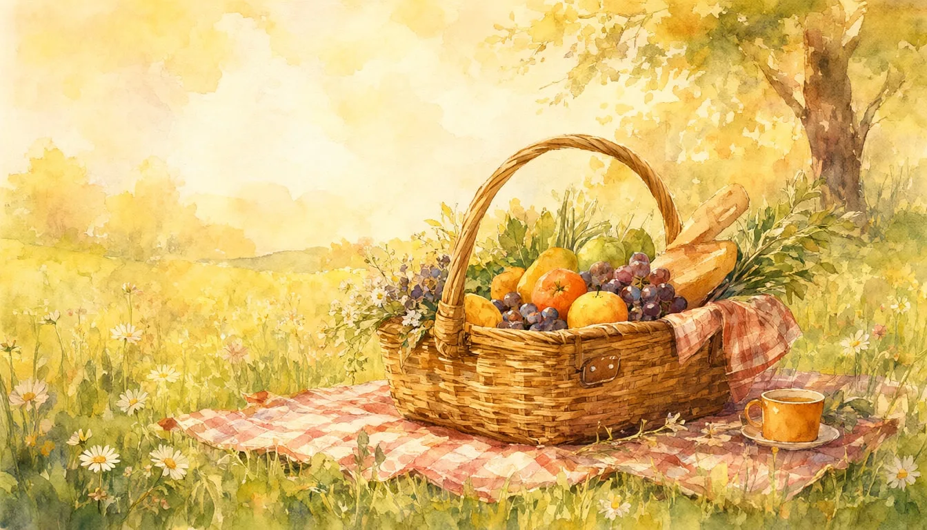 Cartoon Picnic Basket In A Meadow in a warm palette