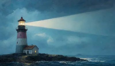 Cartoon Lighthouse With A Beam in a cool palette