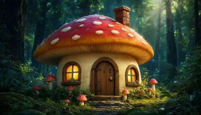 Cartoon Mushroom House In A Forest with subtle grain