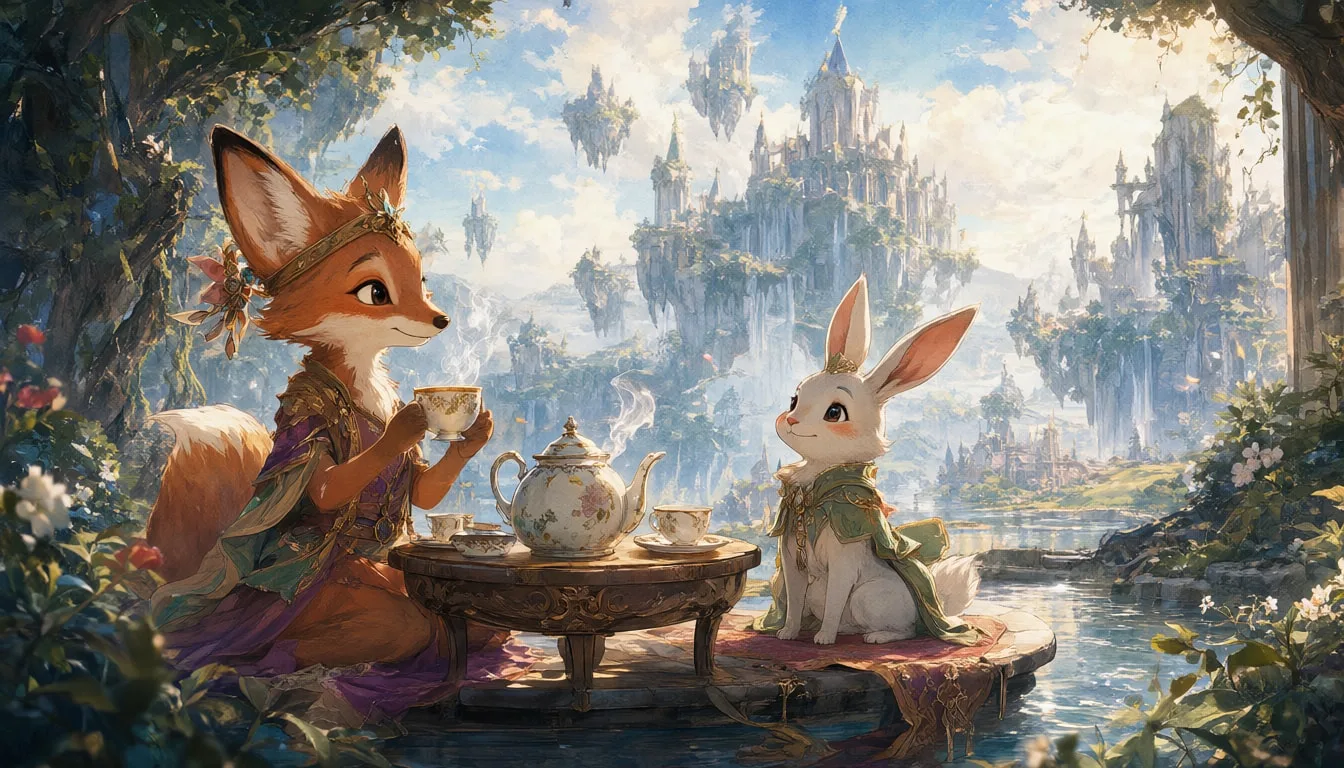 Cartoon Fox And Rabbit Having Tea in watercolour