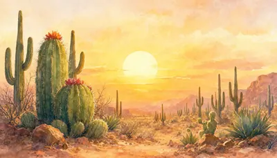 Cartoon Cactus ในทะเลทรายซันเซ็ท