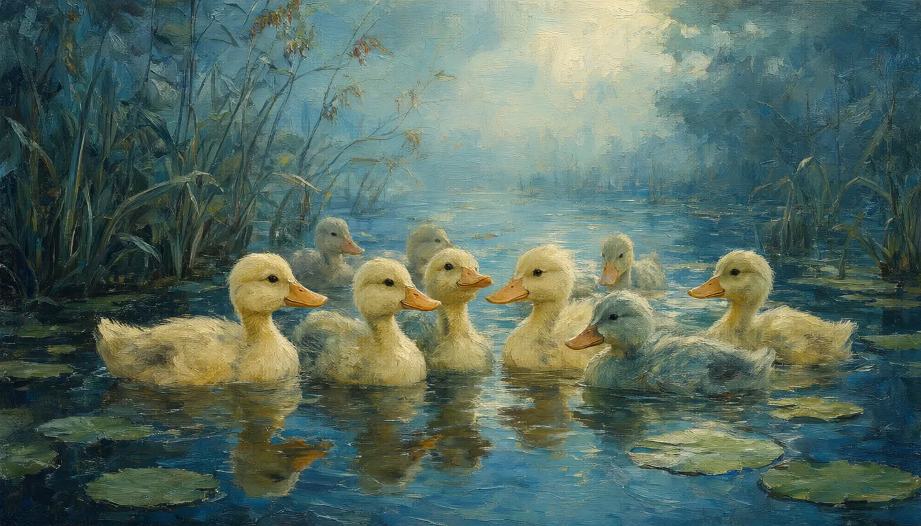 Cartoon Duck Family On A Pond in a cool palette