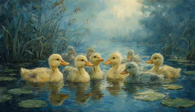 Cartoon Duck Family On A Pond in a cool palette