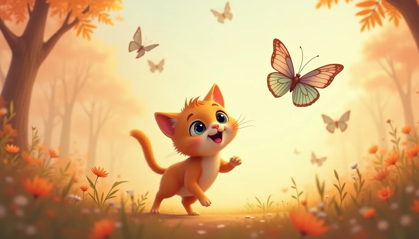 Cartoon Cat Chasing Butterflies in a soft palette