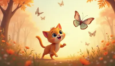 Cartoon Cat Chasing Butterflies in a soft palette