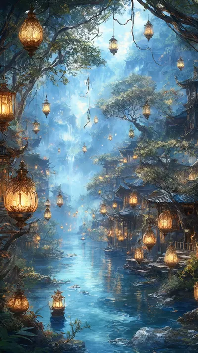Fantasy Lantern River in watercolour