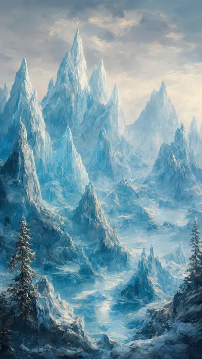 Fantasy Icy Peaks ในรูปแบบภาพวาดสีน้ำมัน