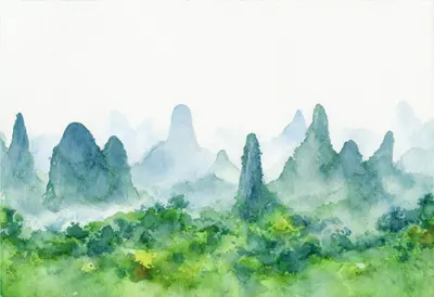 Limestone Karst Peaks after rain Watercolour
