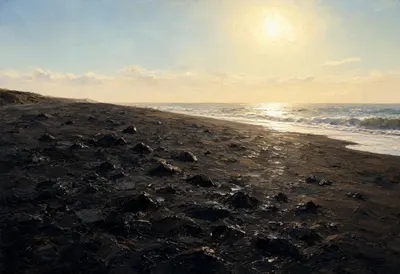 Volcanic Black Sand Beach in warm summer light Oil Painting