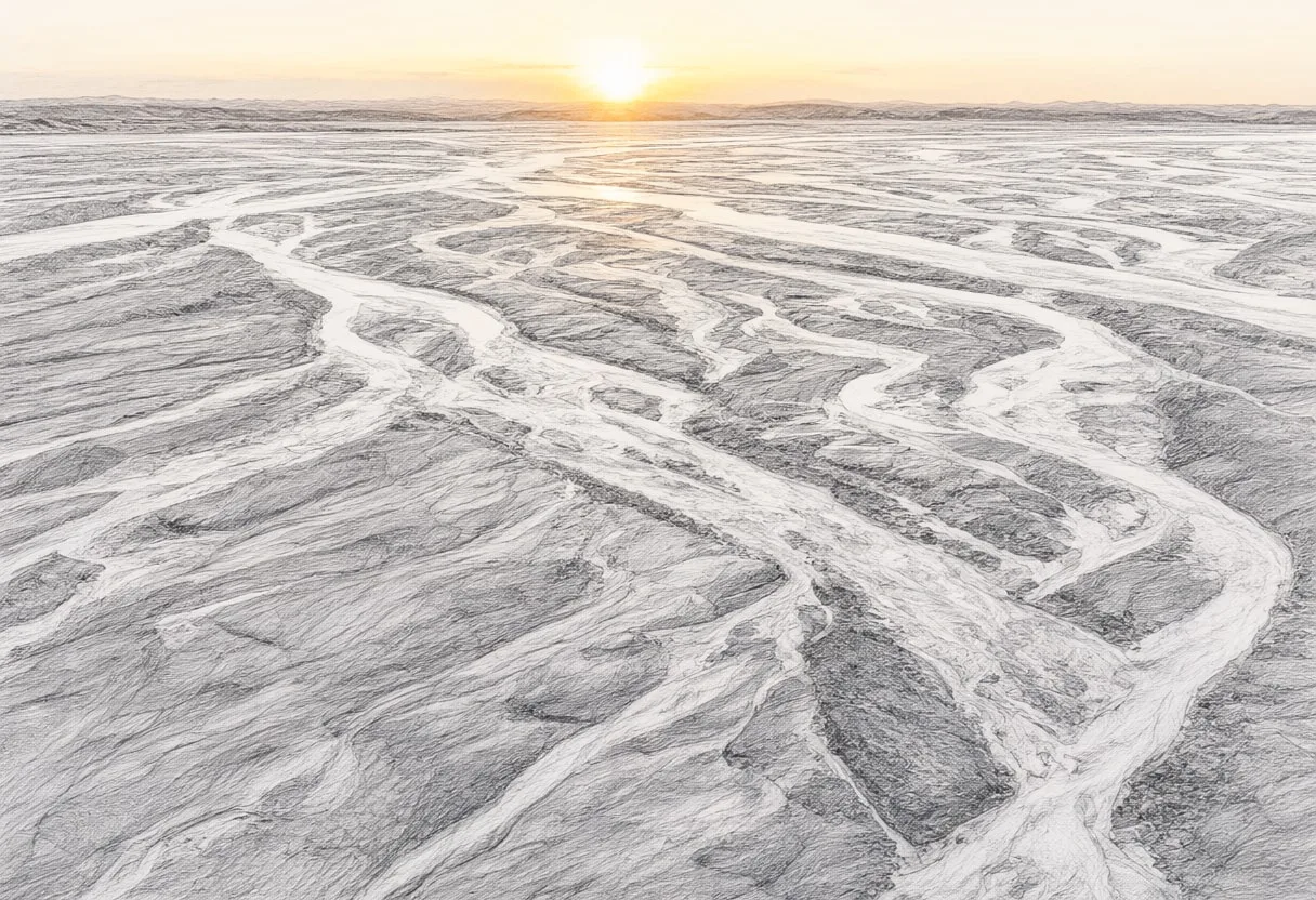 Glacial River Braid at golden hour Pencil Sketch