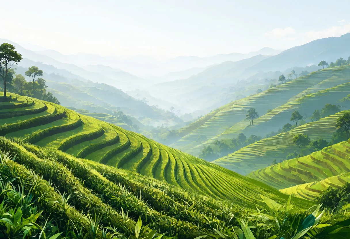 Terraced Hillside Fields in soft mist Digital Illustration