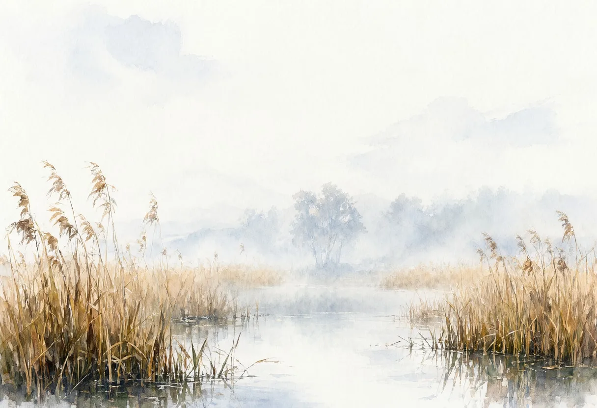 Reed Bed With Morning Fog Watercolour