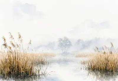 Reed Bed With Morning Fog Watercolour