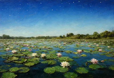Water Lily Pond under a starry sky Oil Painting