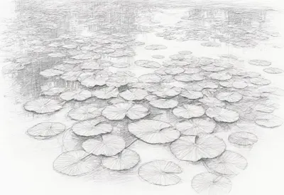 Lily Pads And Reflections after rain Pencil Sketch