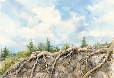 Tree Roots Over Rock under a dramatic sky Watercolour