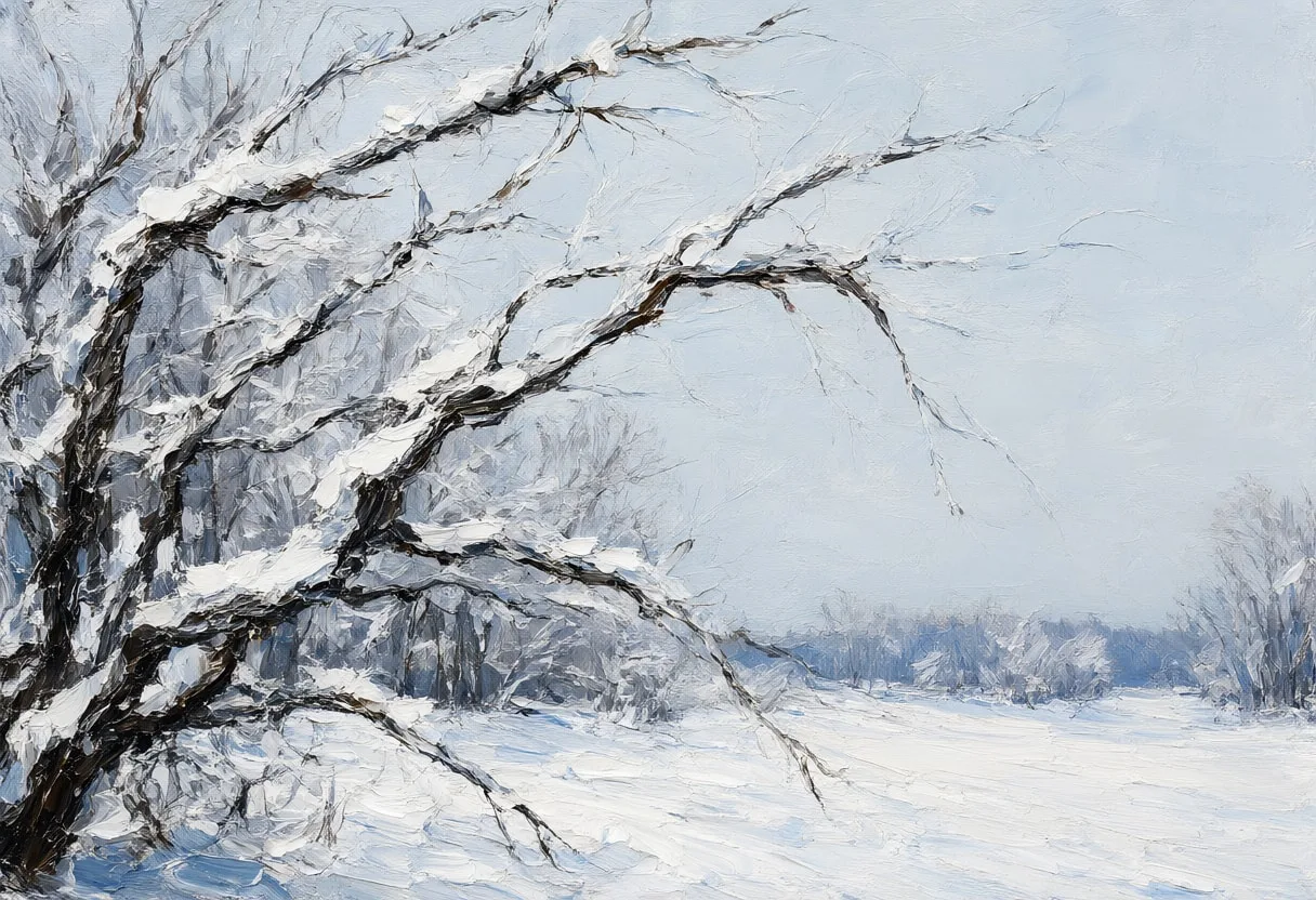 Snow On Dark Branches in winter Oil Painting