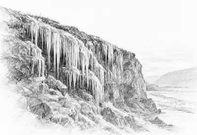 Icicles On A Cliff at dawn Pencil Sketch