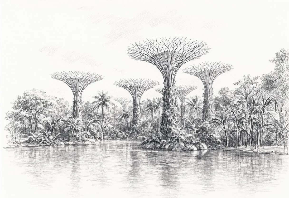 Singapore Gardens at sunrise Pencil Sketch