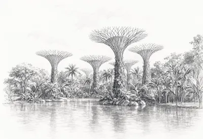 Singapore Gardens at sunrise Pencil Sketch