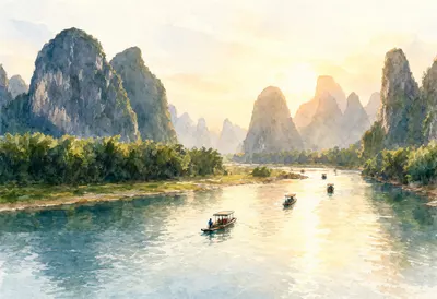 Guilin Karst River in warm evening light Watercolour