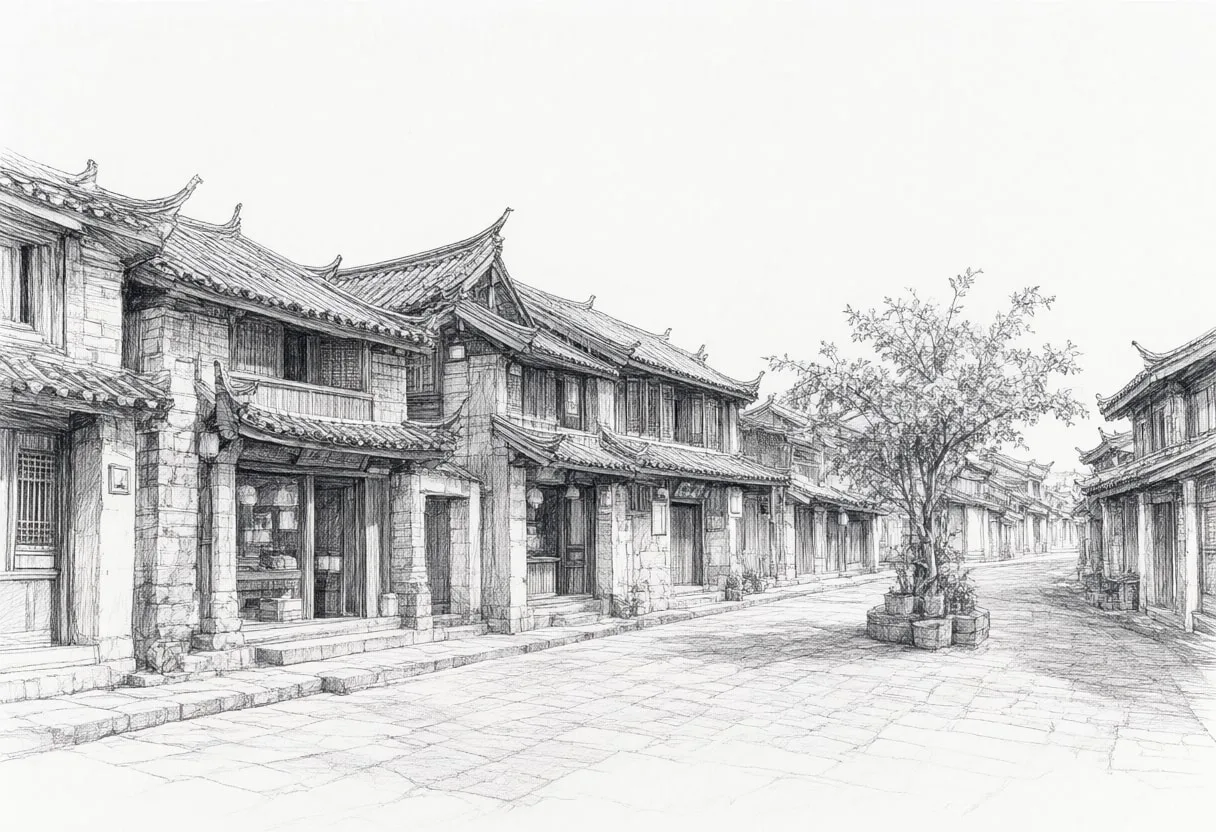 Lijiang Old Town on a quiet day Pencil Sketch