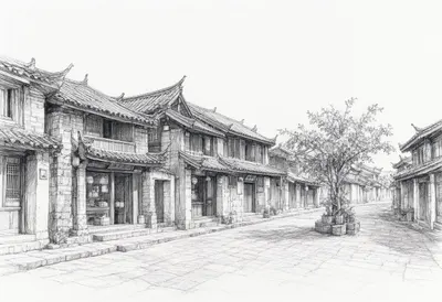 เมืองเก่าลี่เจียงในวันอันเงียบสงบ ภาพร่างดินสอ