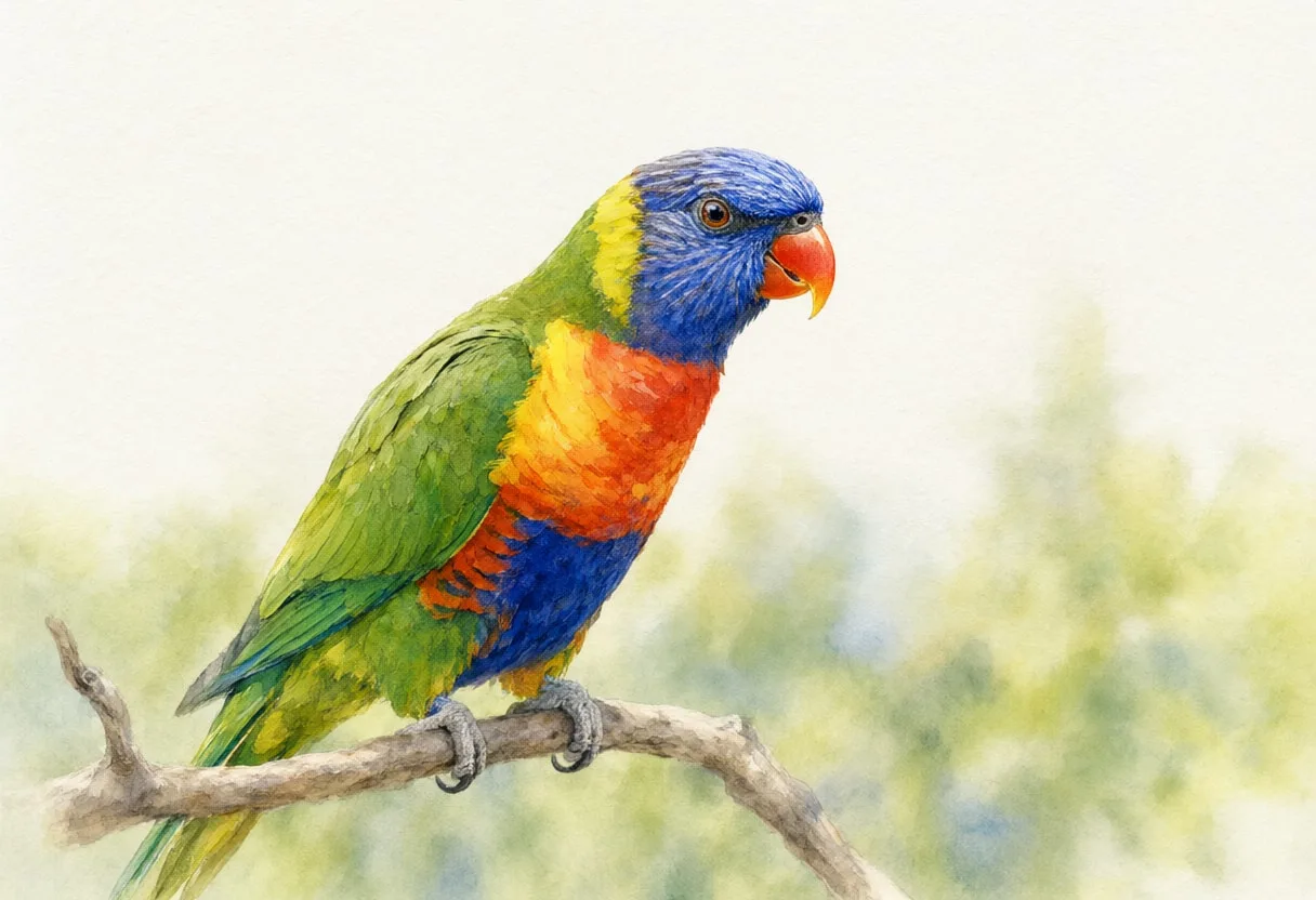 Lorikeet กับพื้นหลังที่เบลอๆของสีน้ำ