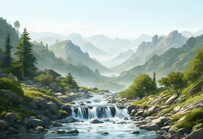 Mountain Stream Cascade in soft mist Digital Illustration
