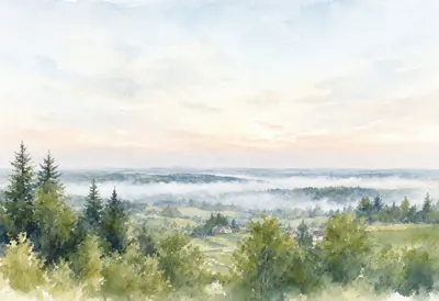 Cloud Inversion Above Valley at dawn Watercolour
