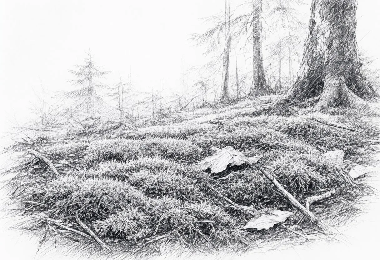 Moss Carpet On Forest Floor after rain Pencil Sketch
