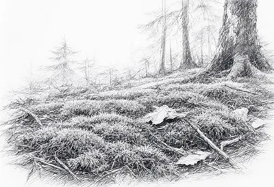 Moss Carpet On Forest Floor after rain Pencil Sketch