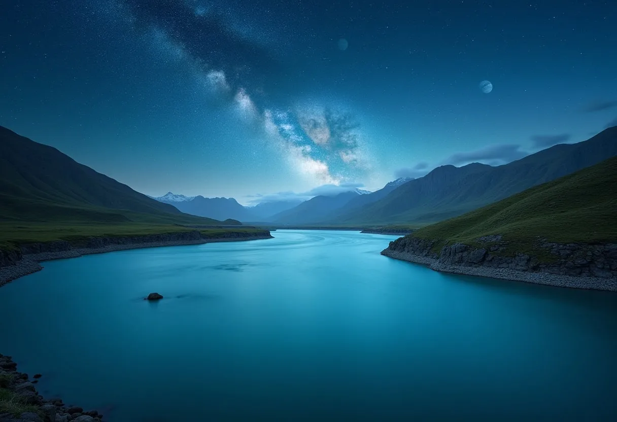 Turquoise River Bend under a starry sky