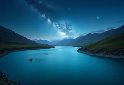Turquoise River Bend under a starry sky