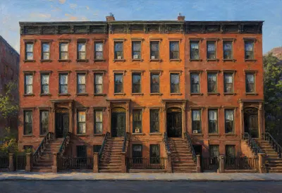 New York Brownstones at blue hour Oil Painting