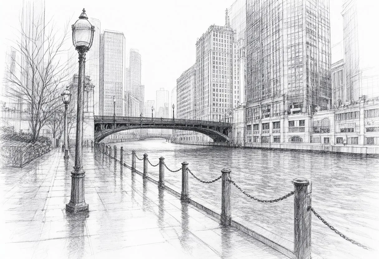 Chicago Riverside in the rain Pencil Sketch
