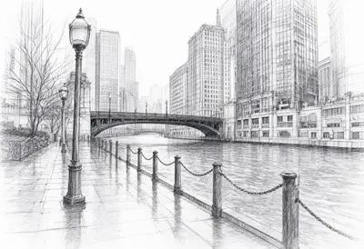 Chicago Riverside in the rain Pencil Sketch