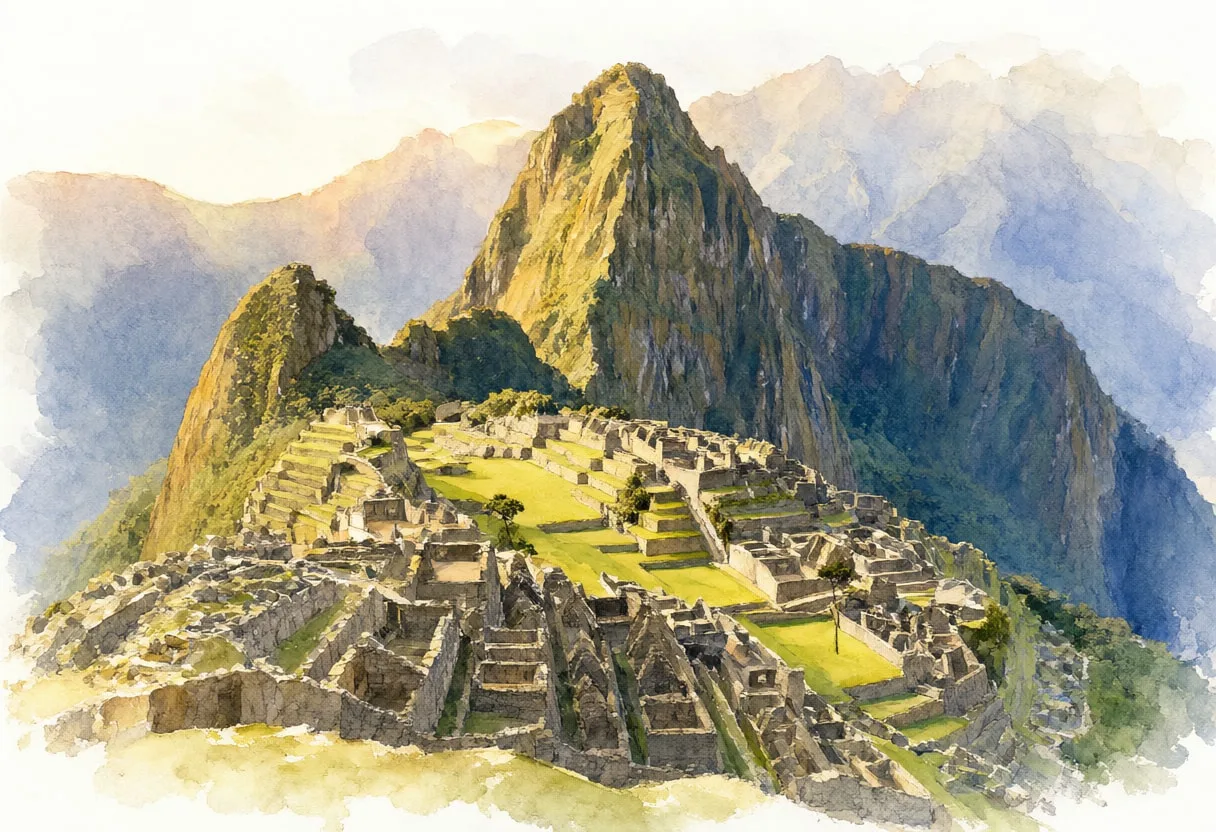 Machu Picchu Terraces ในแสงสีน้ำยามเย็นอันอบอุ่น