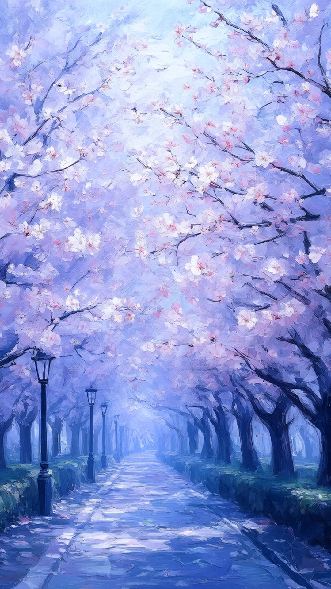 Anime Cherry Blossom Street in a cool palette