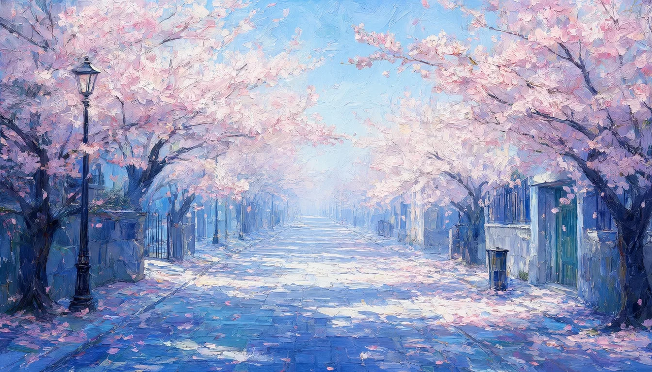 Anime Cherry Blossom Street in a cool palette