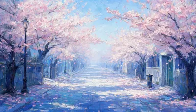 Anime Cherry Blossom Street in a cool palette