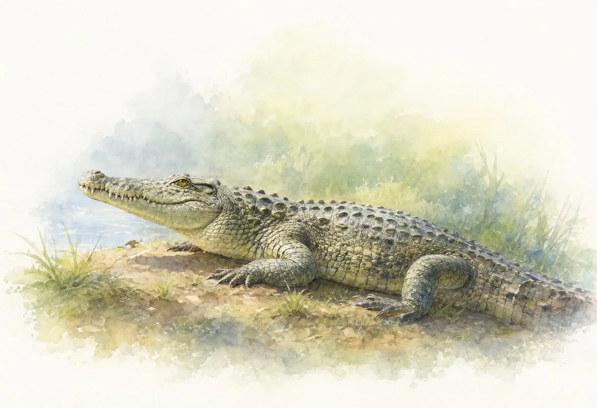 Crocodile in soft morning light Watercolour