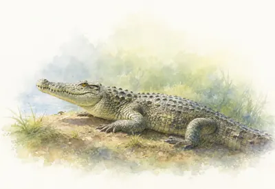 Crocodile in soft morning light Watercolour