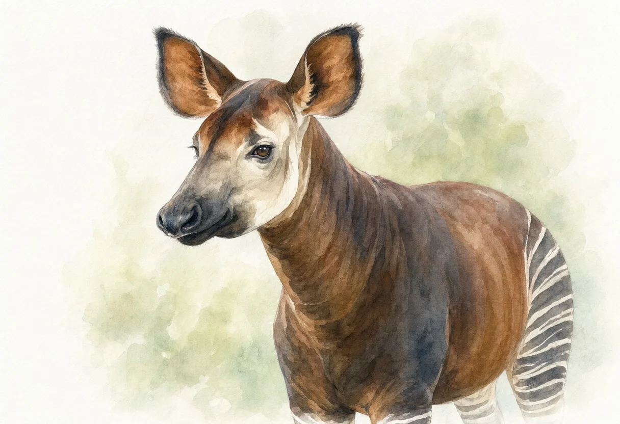 Okapi against a soft blurred background Watercolour