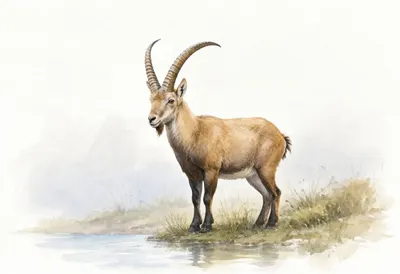 Ibex beside calm water Watercolour