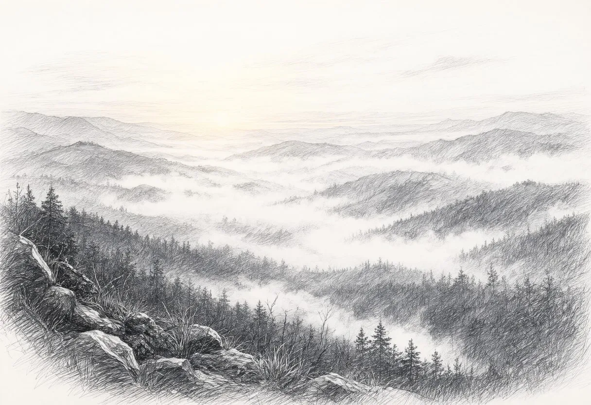 Misty Valley At Sunrise Pencil Sketch