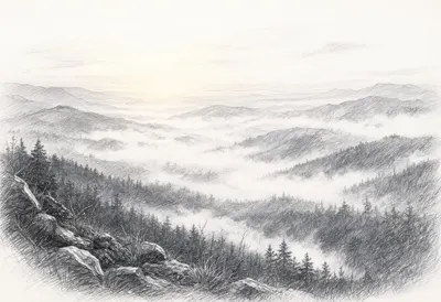 Misty Valley ที่ภาพร่างดินสอพระอาทิตย์ขึ้น