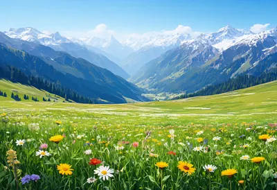 Alpine Meadow With Wildflowers in winter Digital Illustration